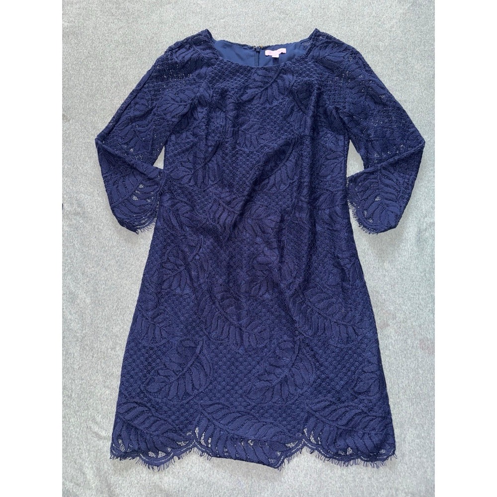 Lilly‎ Pulitzer True Navy Blue Two Tone Feather Lace Hera Dress Size 4 - Picture 5 of 8